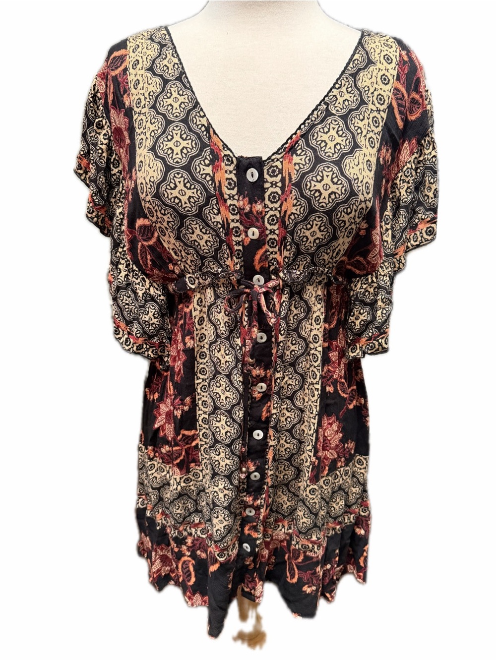 Angie Black and Cream Printed Button-Front mini Dress with Rust Accents